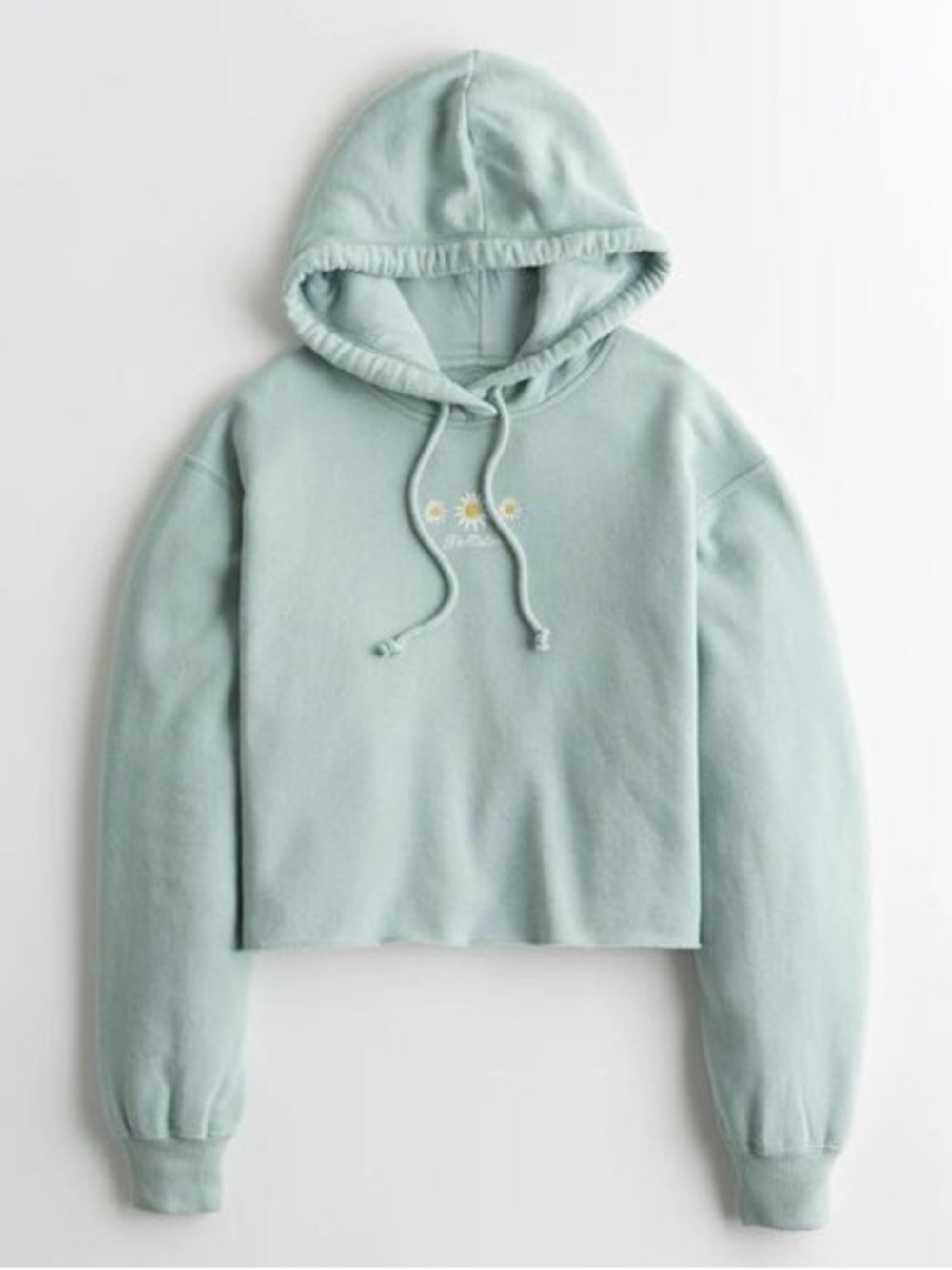 Hollister Medium Daisy Embroidered Cropped Hoodie Blue Raw Hem Sweatshirt